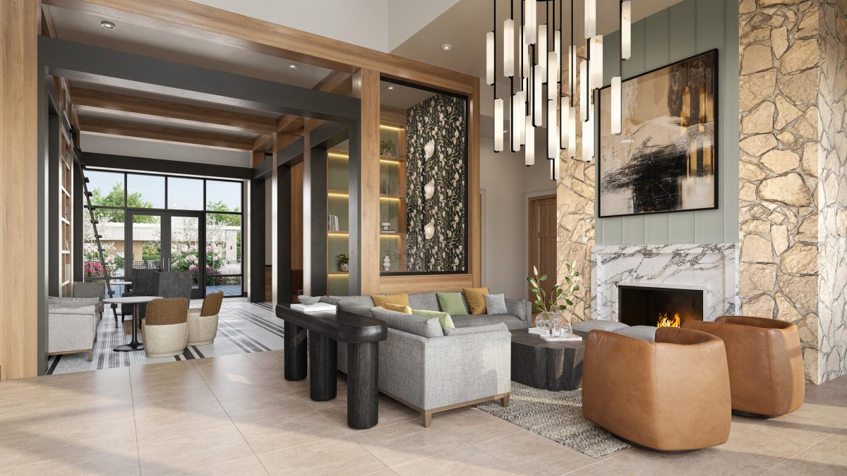 Contemporary clubhouse lounge with fireplace, seating, and wood accents