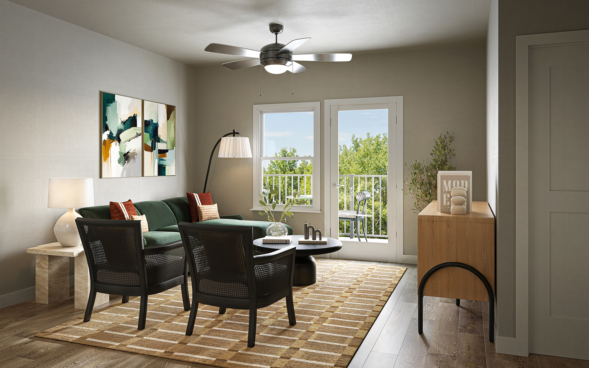 Spacious apartment living room with balcony access and contemporary furnishings