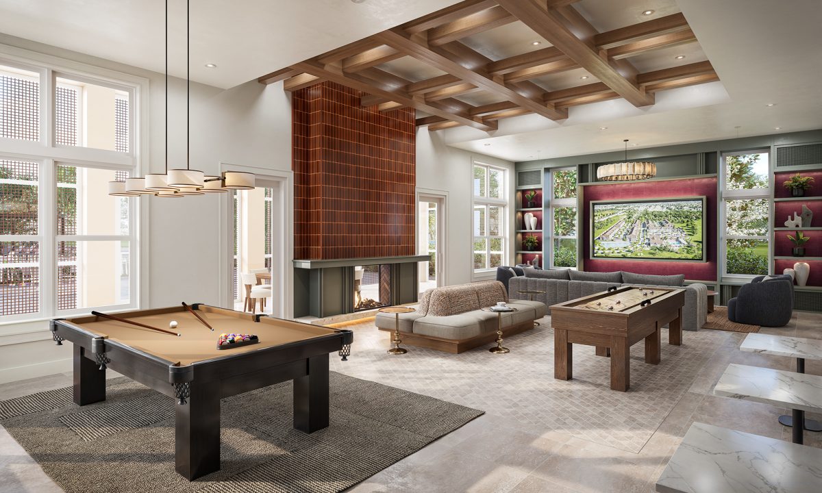 Clubroom with billiards table, fireplace, seating, and entertainment area